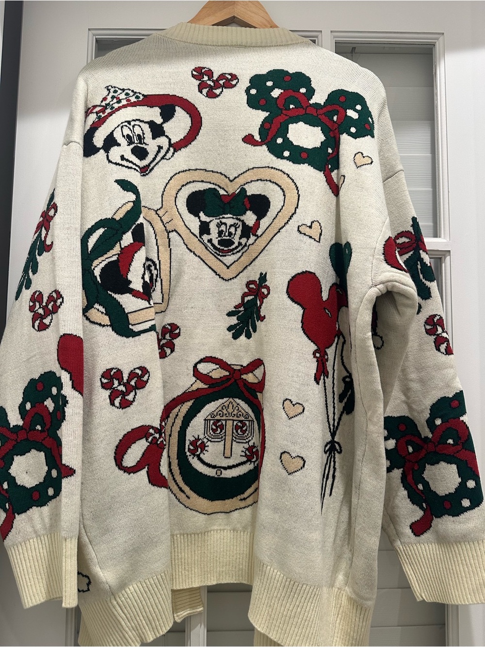 Cream Holiday Cardigan Sweater with Red & Green Accents Mickey Mouse
